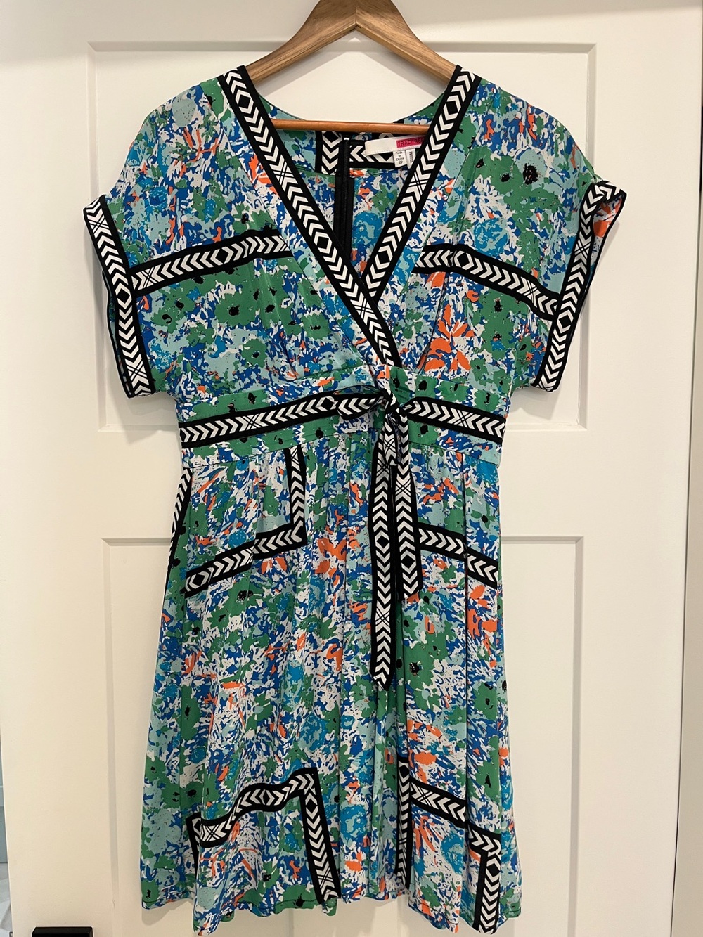 Tracy Reese (Anthropologie) Green, Blue & Orange Abstract Print Midi Silk Dress